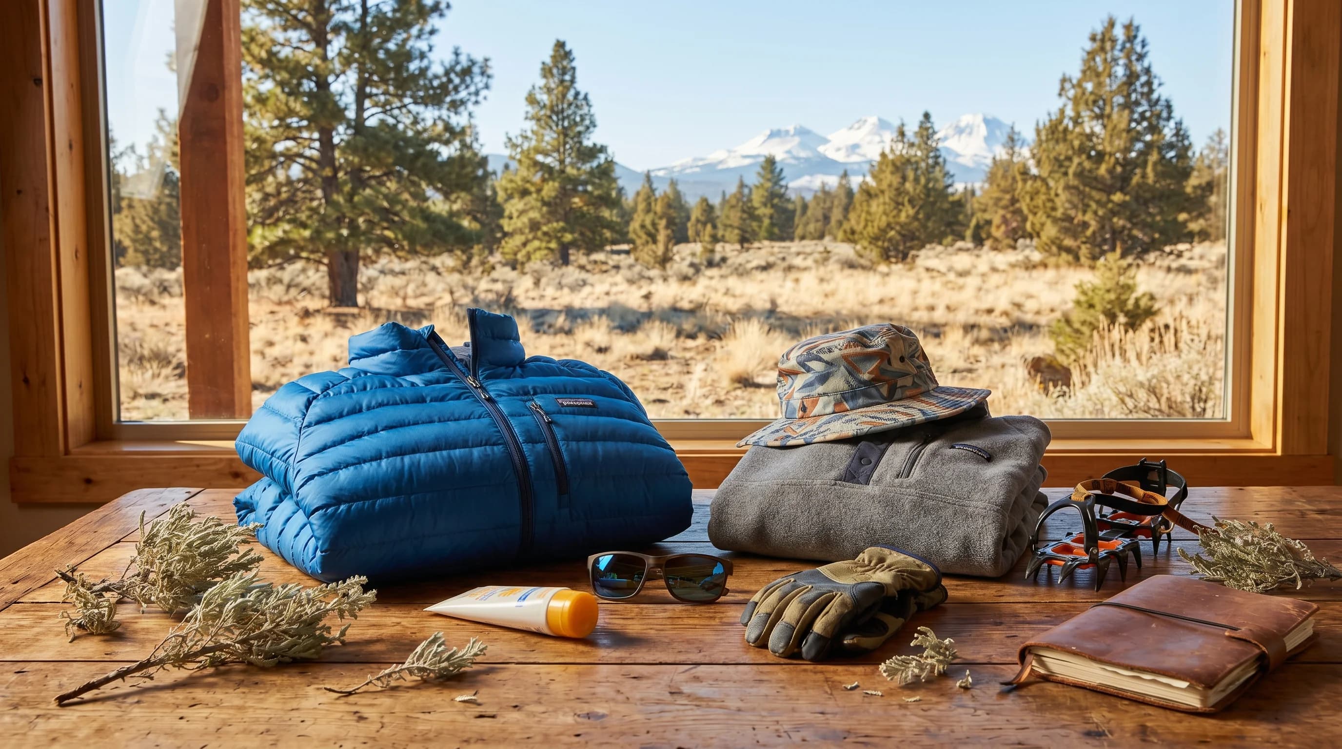 A flat-lay of Bend, Oregon travel gear: layers, sun hat, sunglasses, sunscreen, and traction