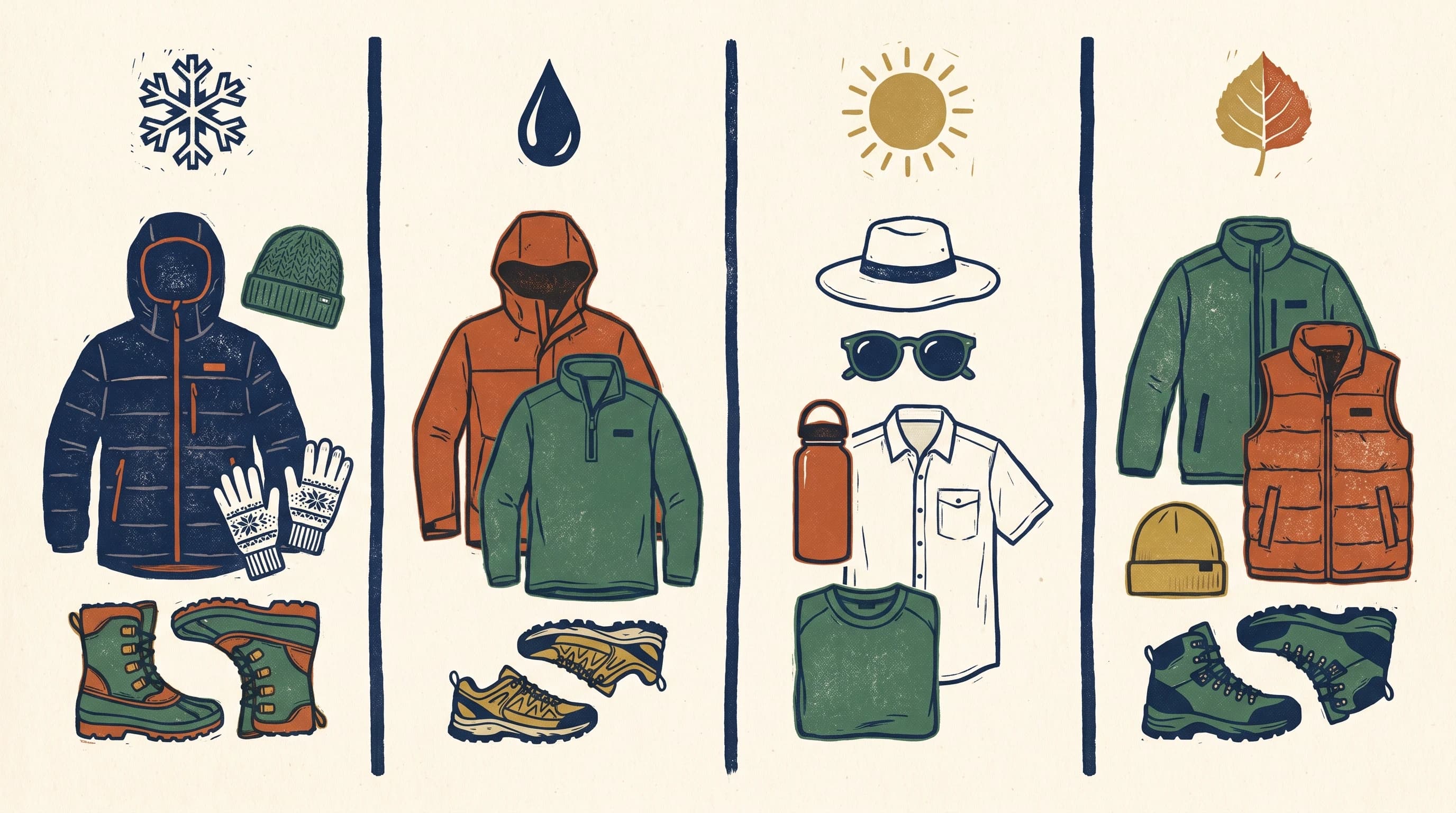 Seasonal packing matrix for Bend, Oregon with key items per season