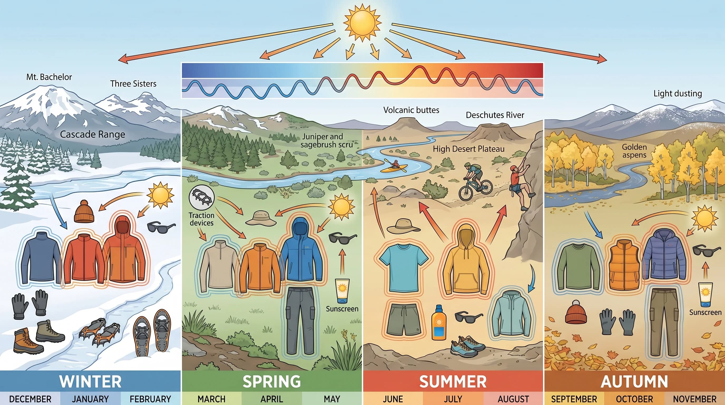Seasonal packing matrix for Bend, Oregon with key items per season
