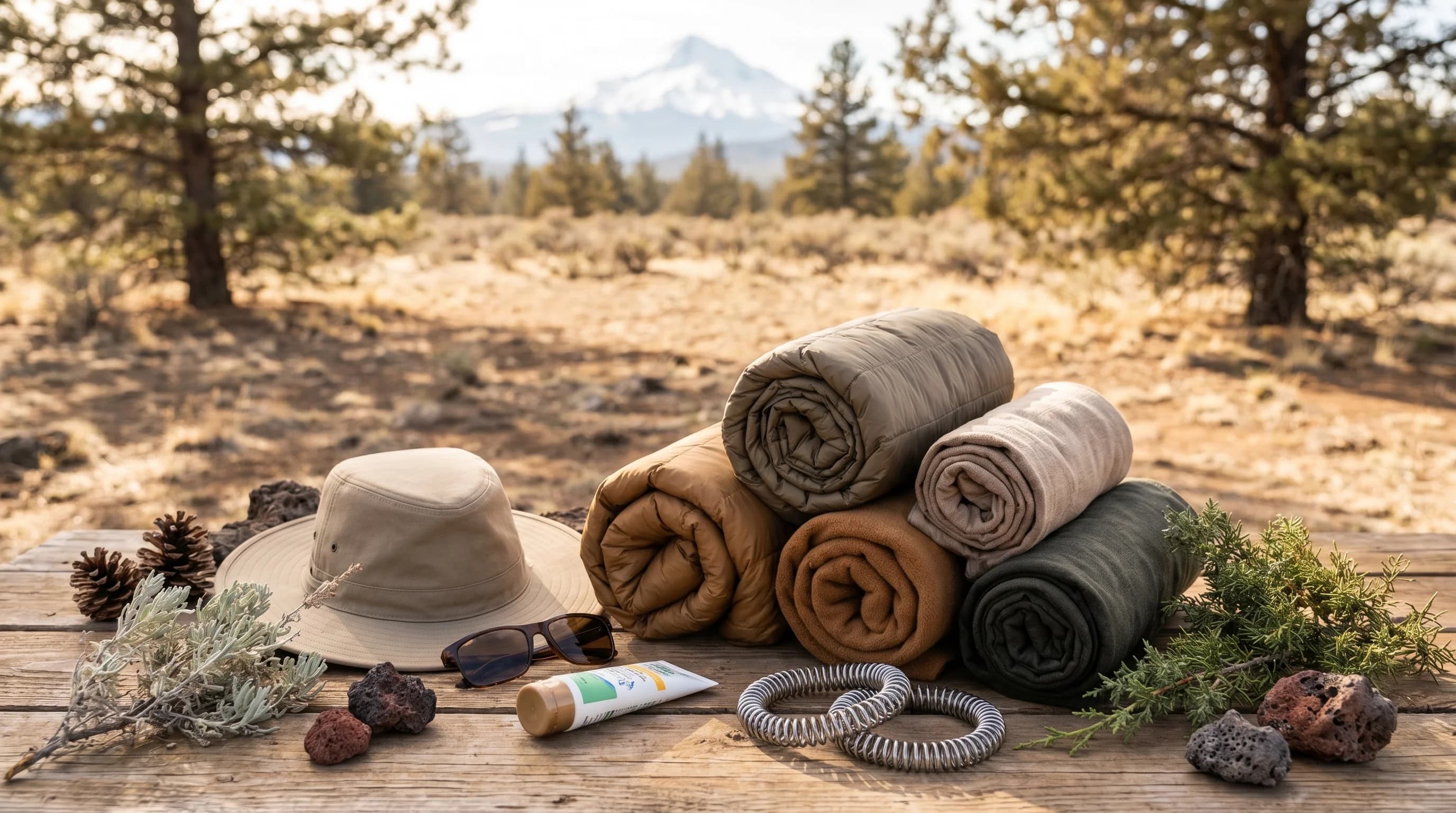 A flat-lay of Bend, Oregon travel gear: layers, sun hat, sunglasses, sunscreen, and traction