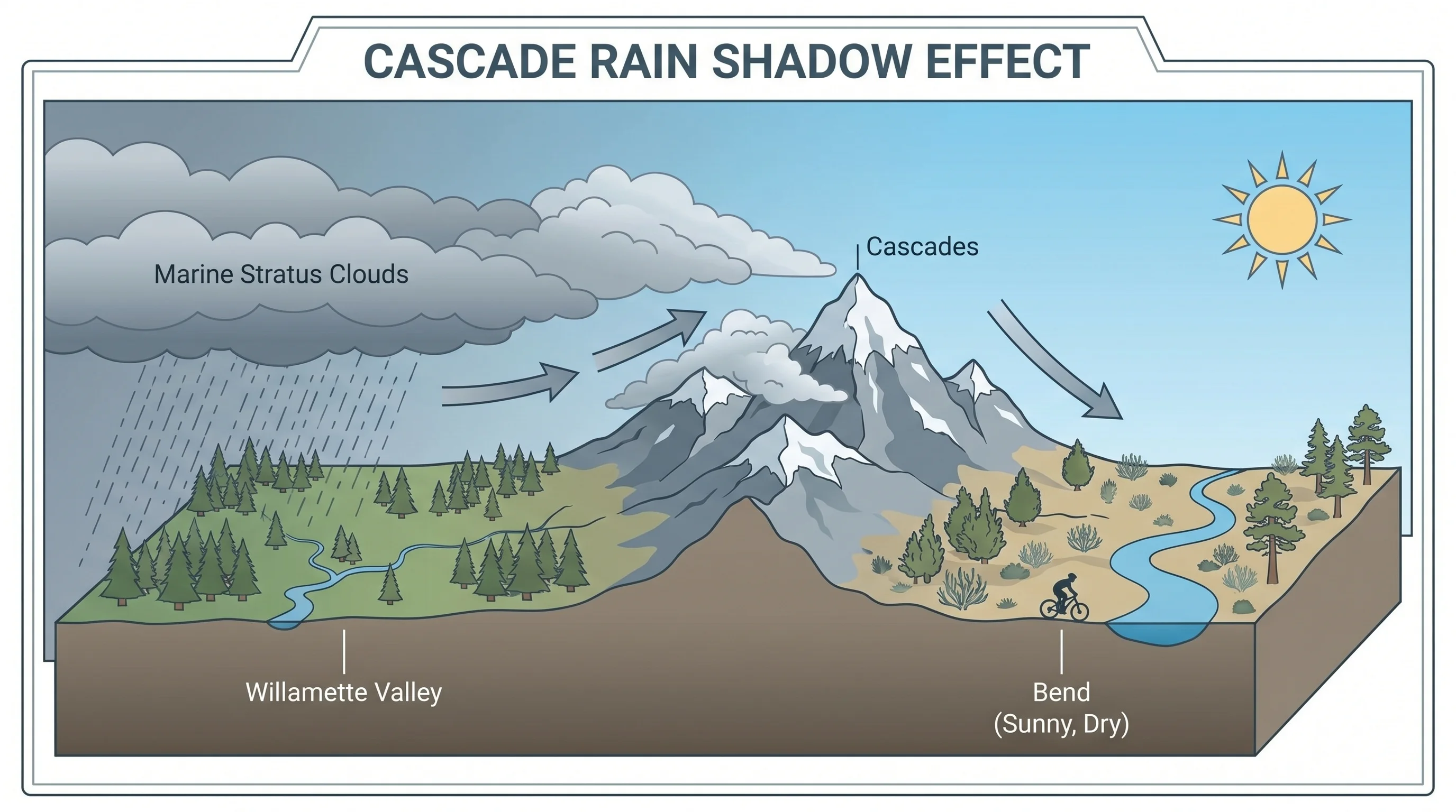 Cross-section showing Pacific clouds and marine layer graying out the Willamette Valley west of the Cascades and clearing to sunny dry skies over Bend to the east