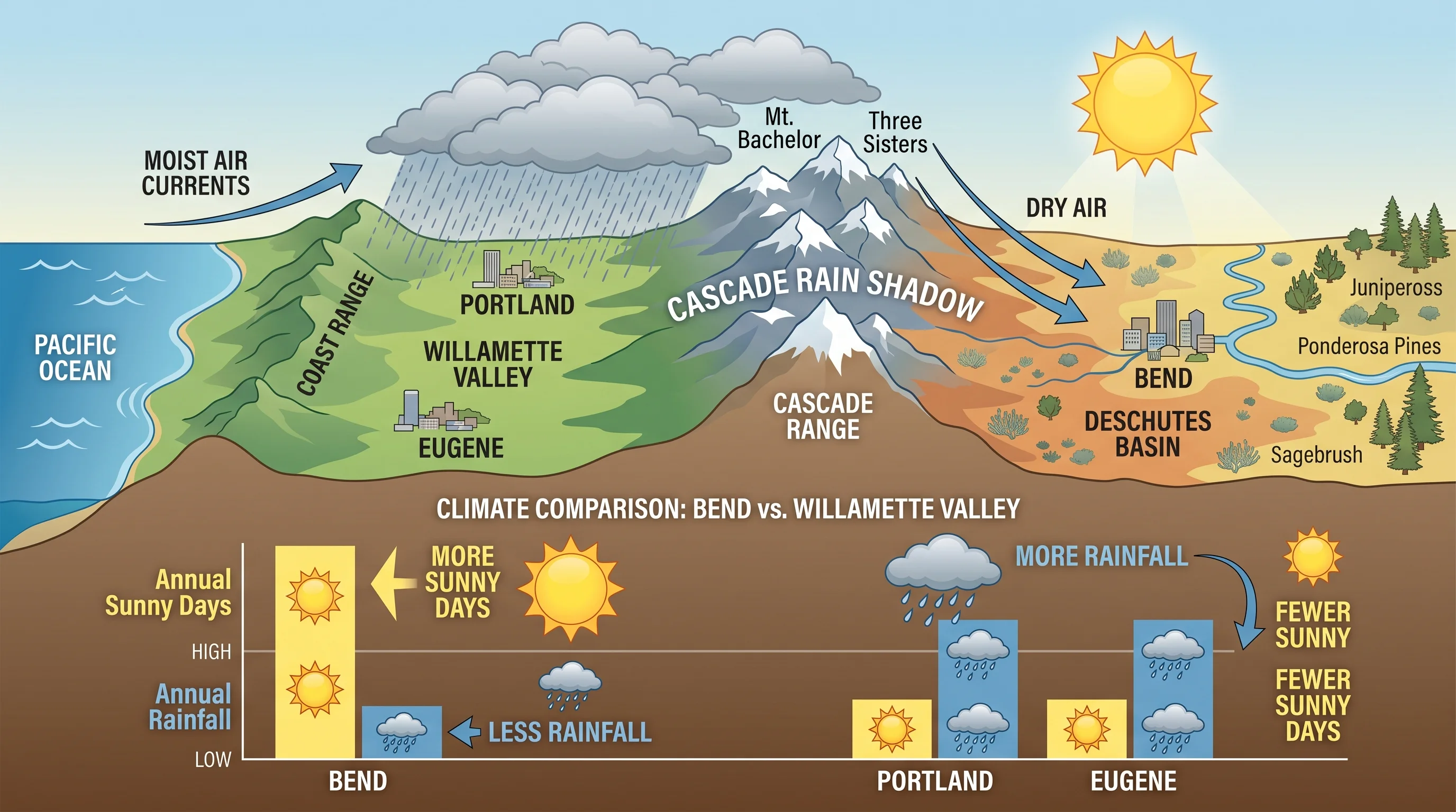 Bar chart comparing sunny days and annual rainfall for Bend, Portland, and Eugene, with Bend much sunnier and drier