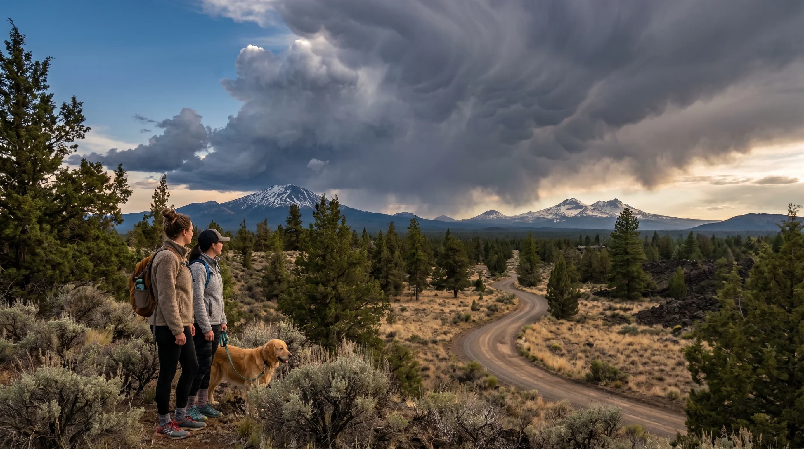 Towering afternoon thunderheads building over the Cascades on a summer day near Bend