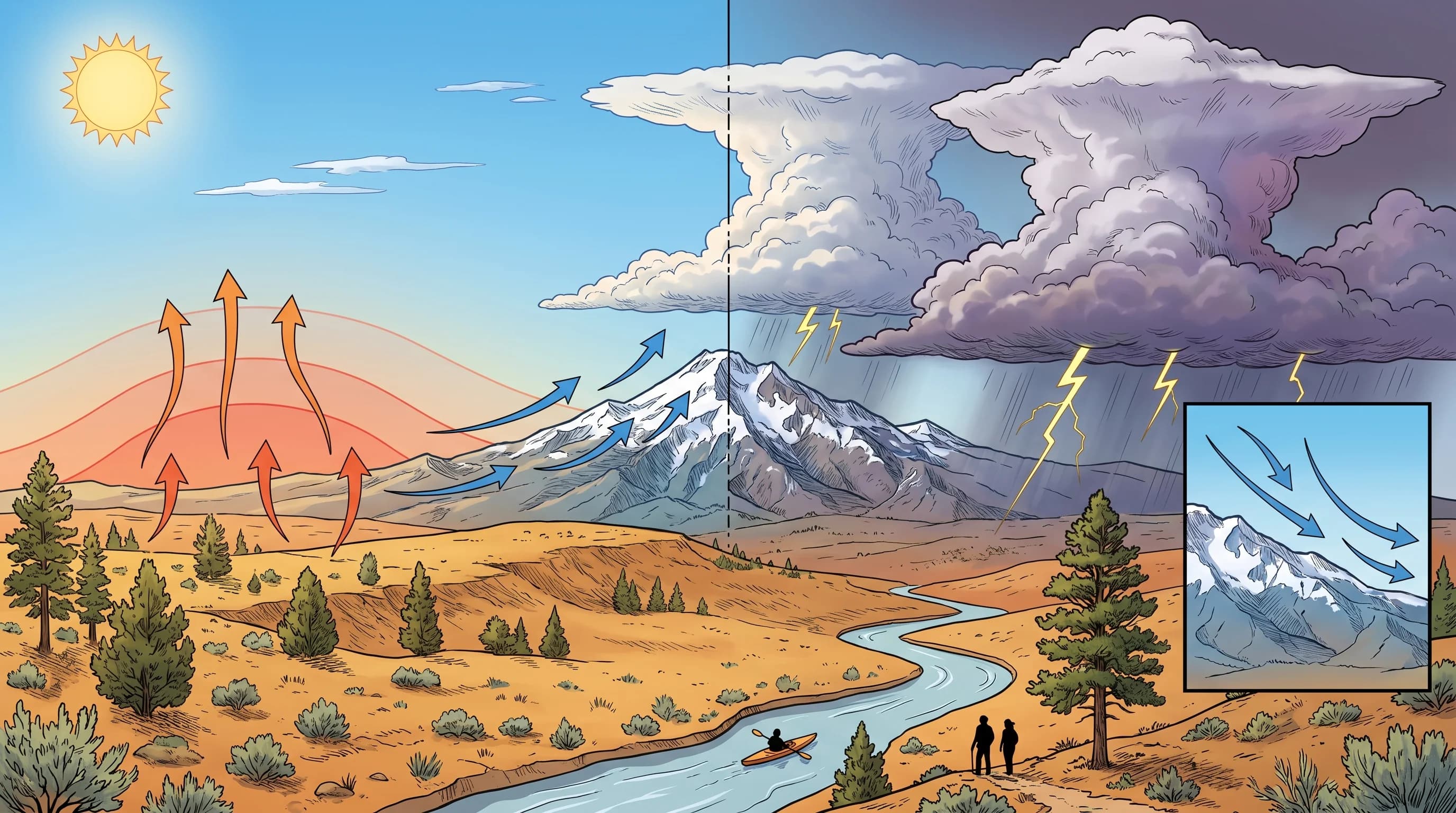 Diagram of surface heating and orographic lift over the Cascades triggering afternoon thunderstorms