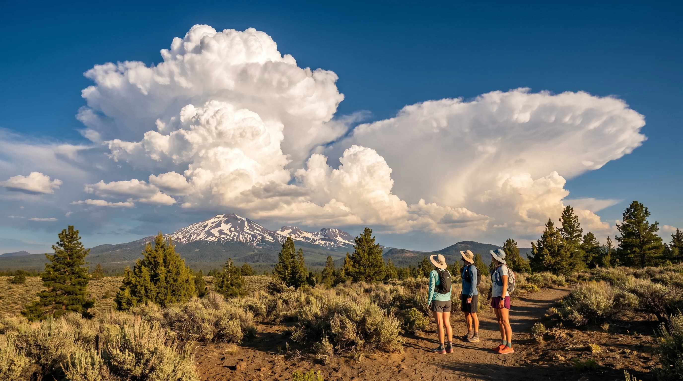 Towering afternoon thunderheads building over the Cascades on a summer day near Bend