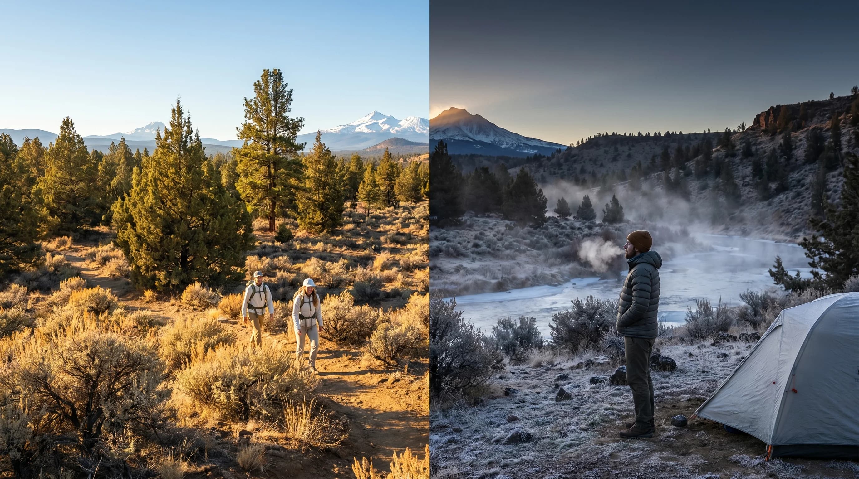 A Central Oregon scene showing a warm sunny afternoon and a cold frosty dawn side by side