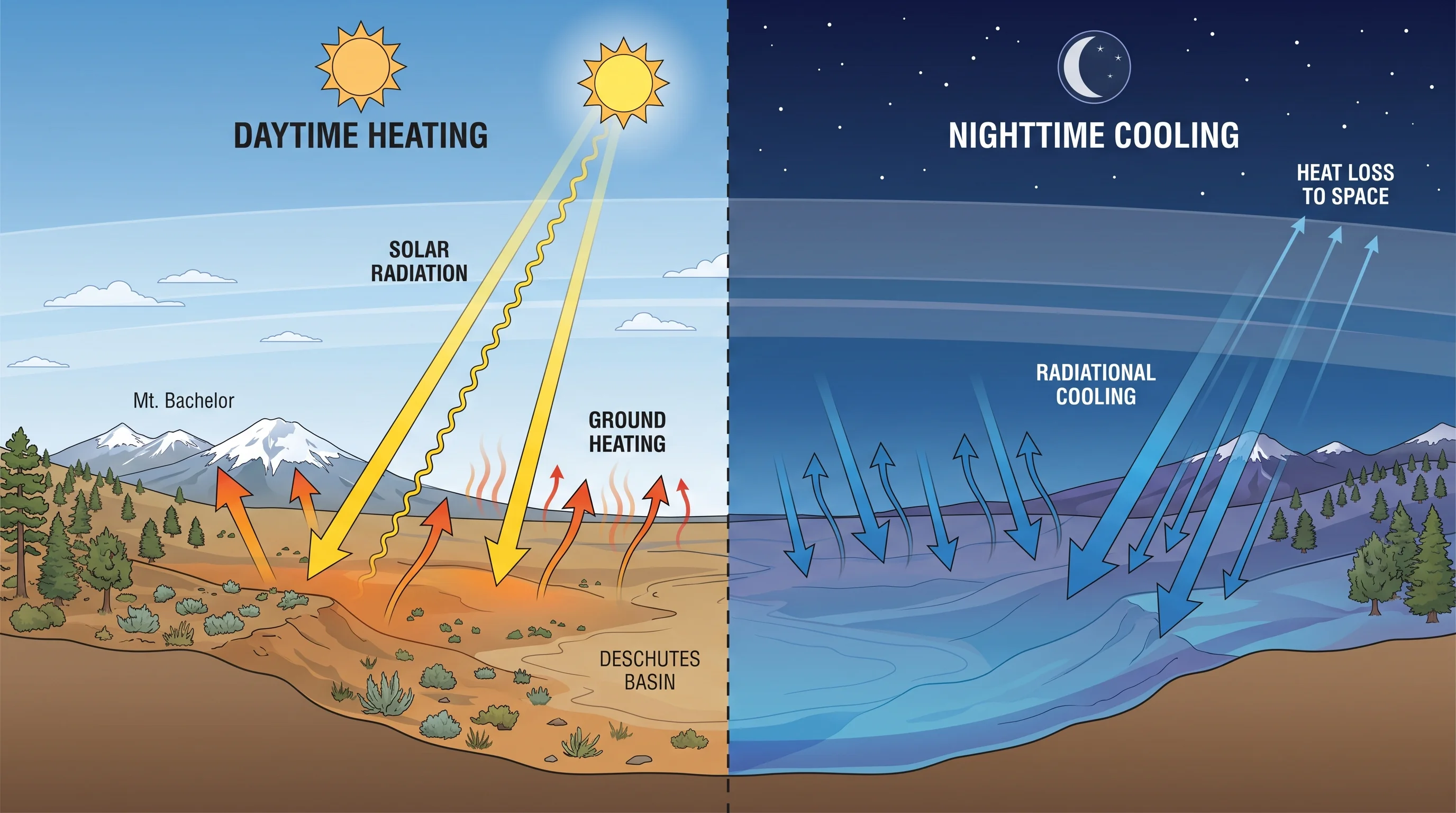 Diagram showing daytime solar heating and nighttime radiational cooling under clear, dry high-desert skies
