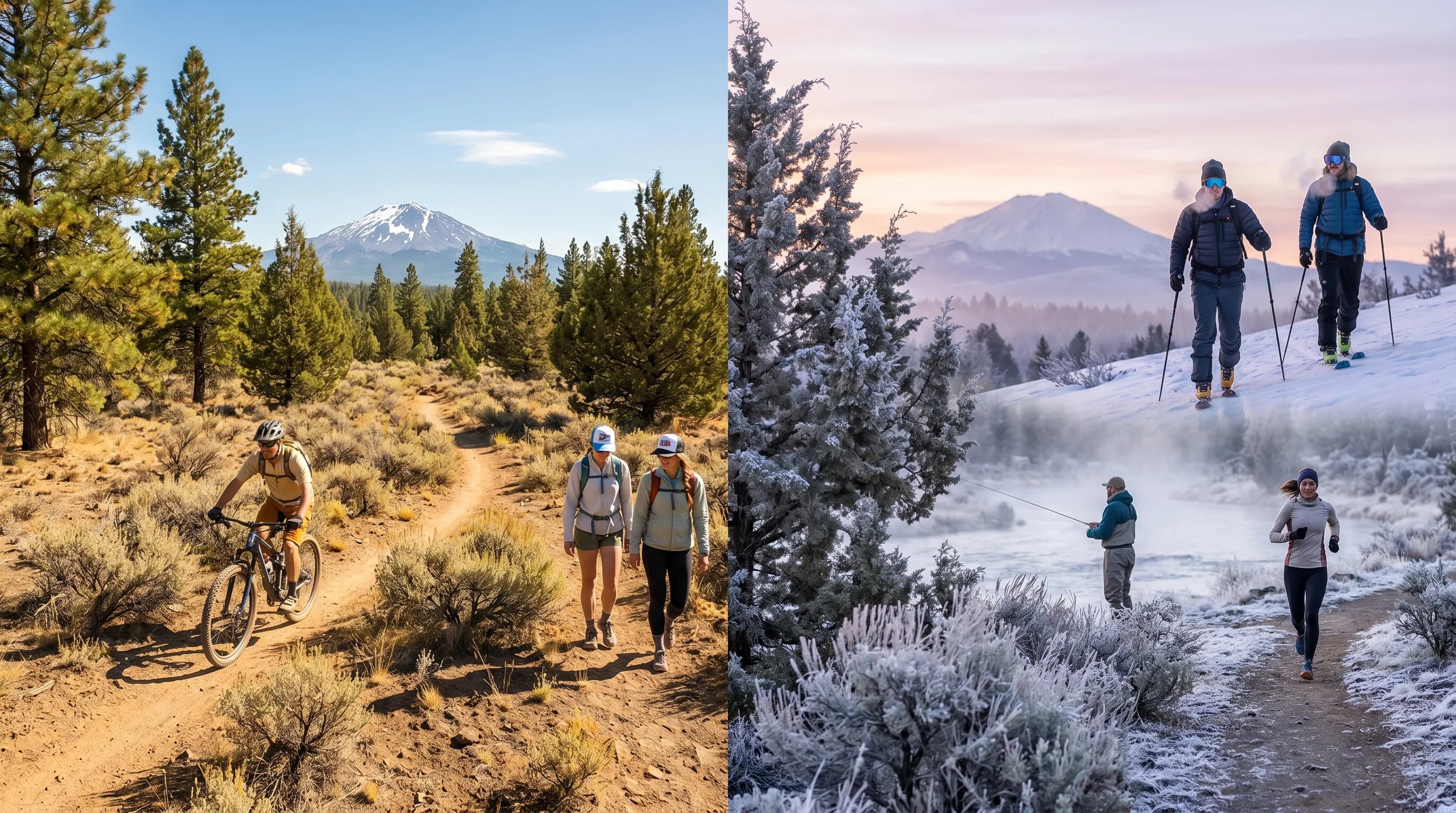A Central Oregon scene showing a warm sunny afternoon and a cold frosty dawn side by side