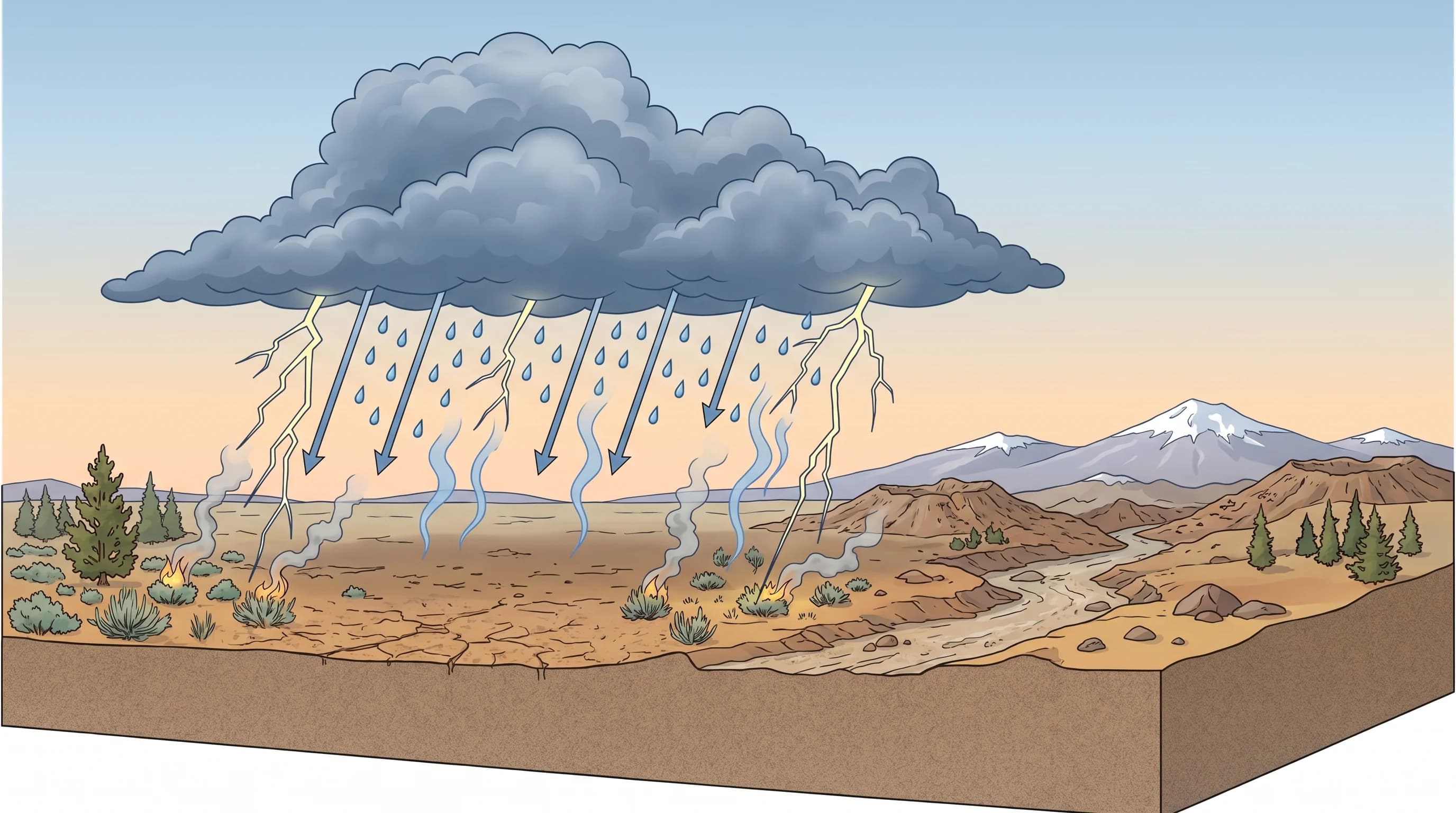 Diagram of rain evaporating in dry air below a high-desert thunderstorm while lightning reaches the ground