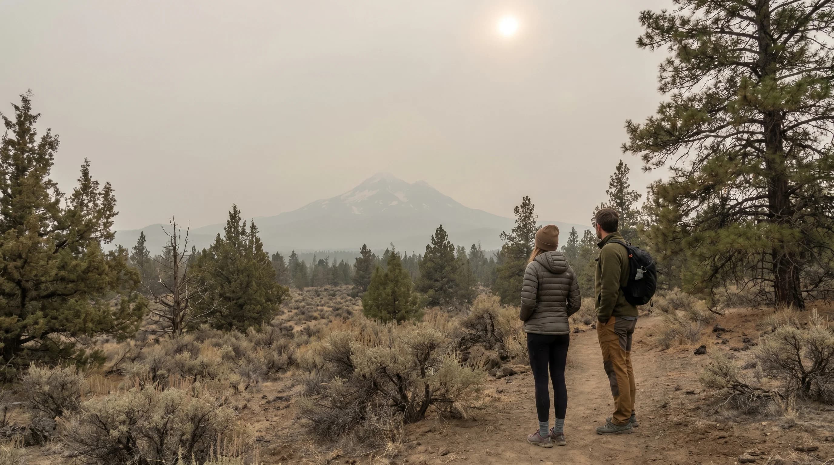 A landscape under a tan-gray haze of poor air quality with a dim sun and low visibility