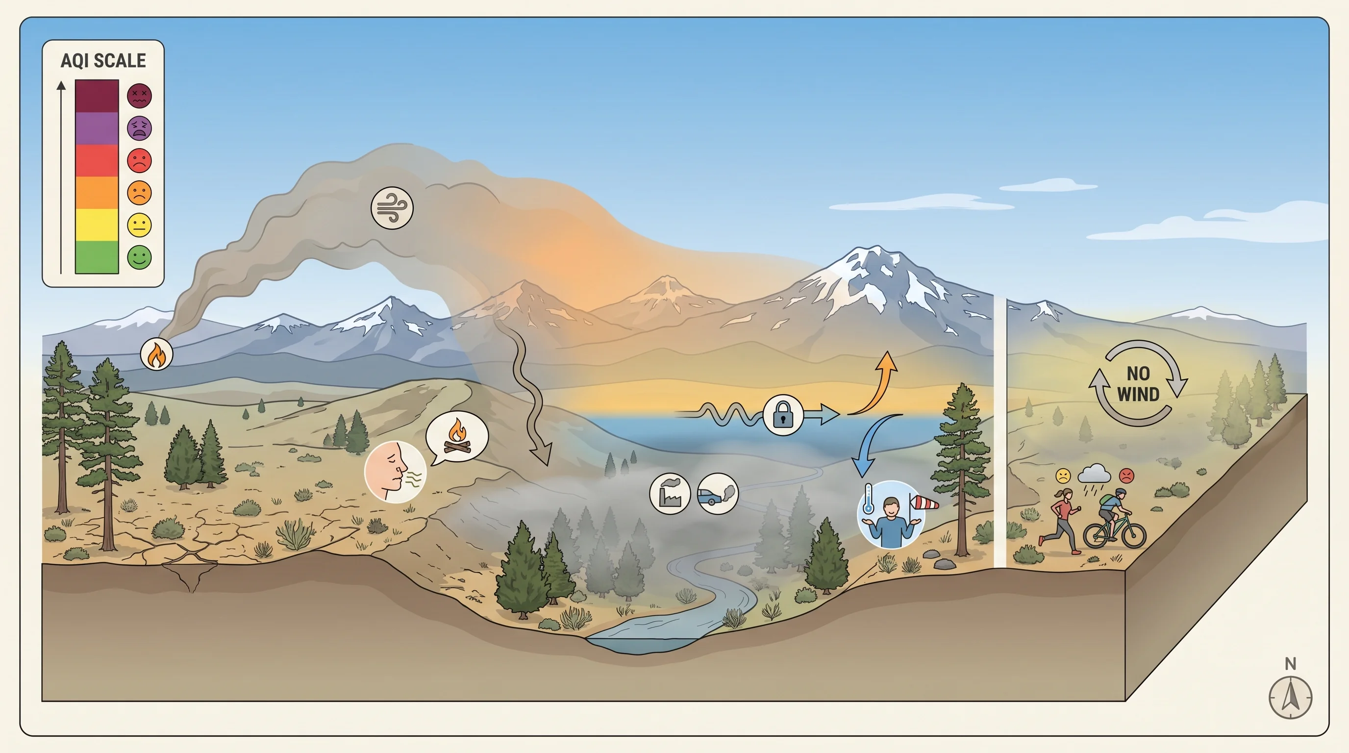 Diagram showing the main causes of bad air quality, smoke, inversion, and ozone, with an AQI color scale
