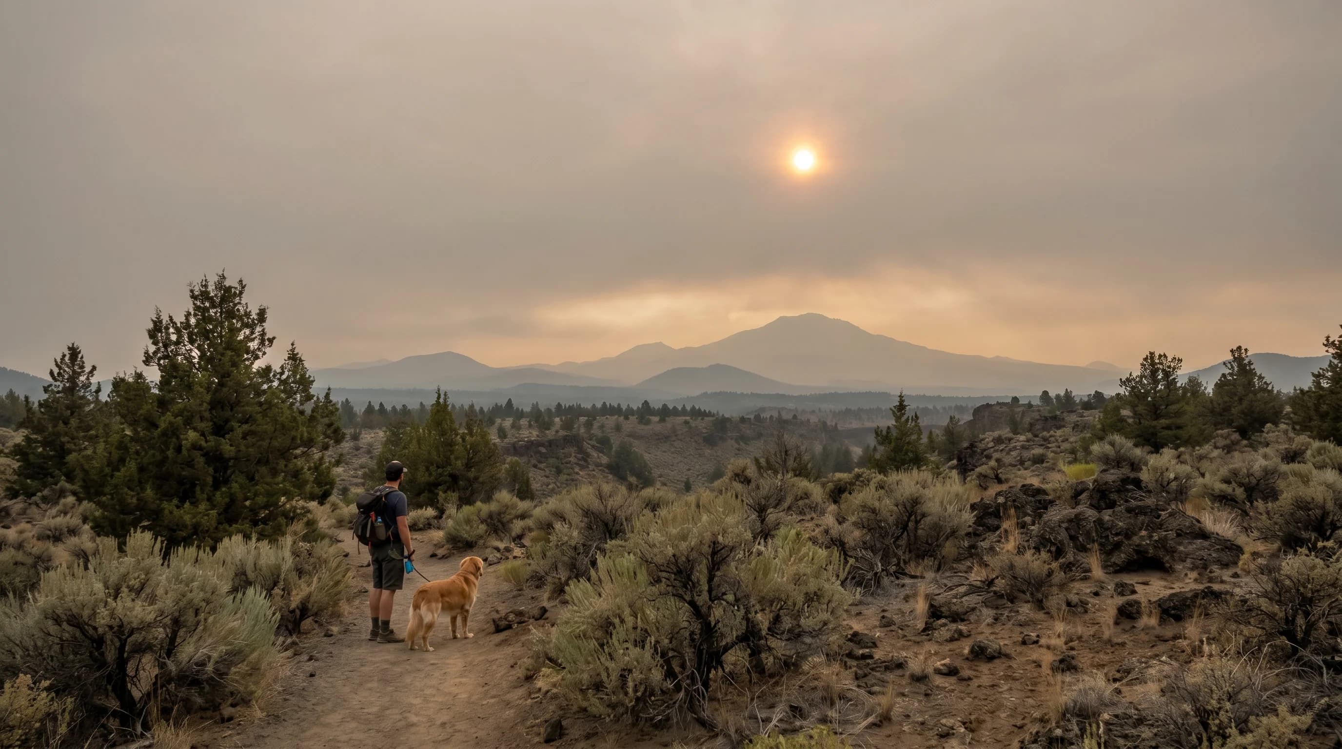 A landscape under a tan-gray haze of poor air quality with a dim sun and low visibility
