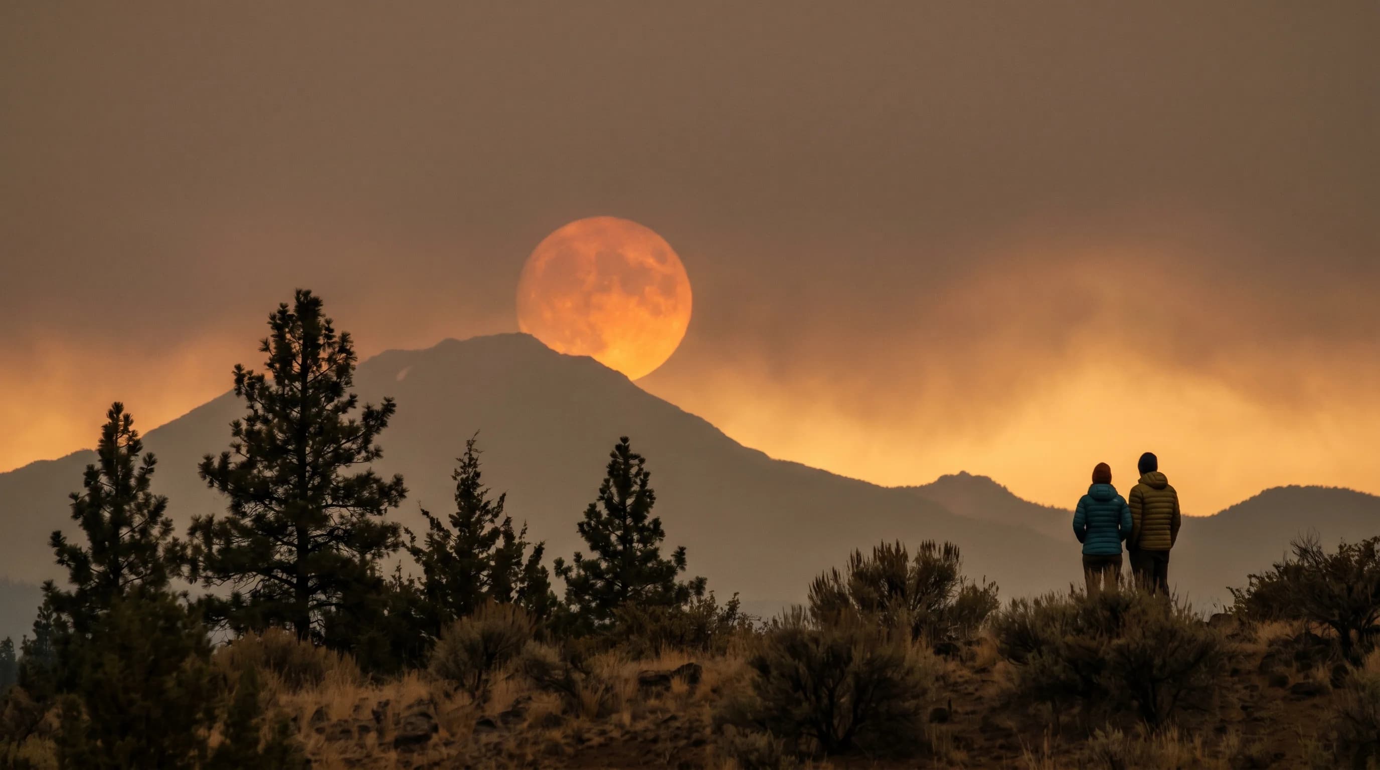 A deep orange moon rising through smoky haze over the Central Oregon Cascades silhouette
