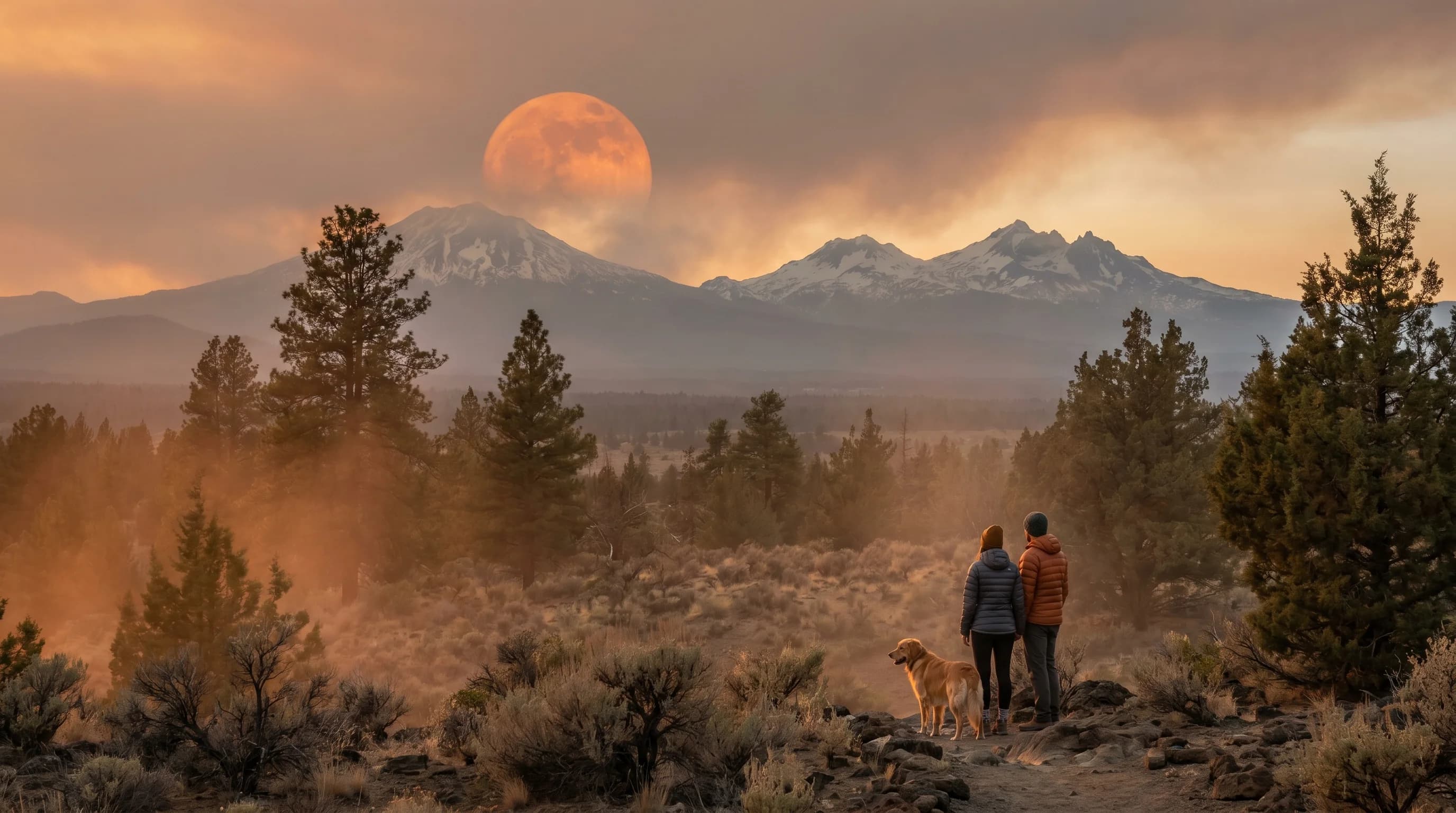 A deep orange moon rising through smoky haze over the Central Oregon Cascades silhouette
