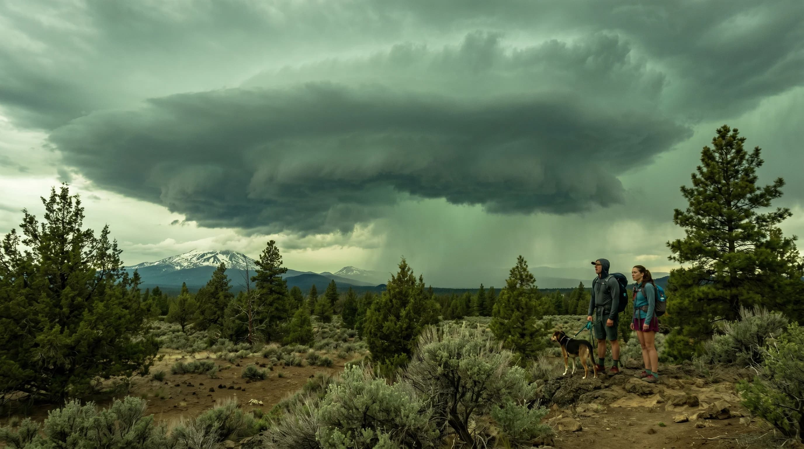 An ominous green-tinged sky beneath a towering severe thunderstorm over the high desert