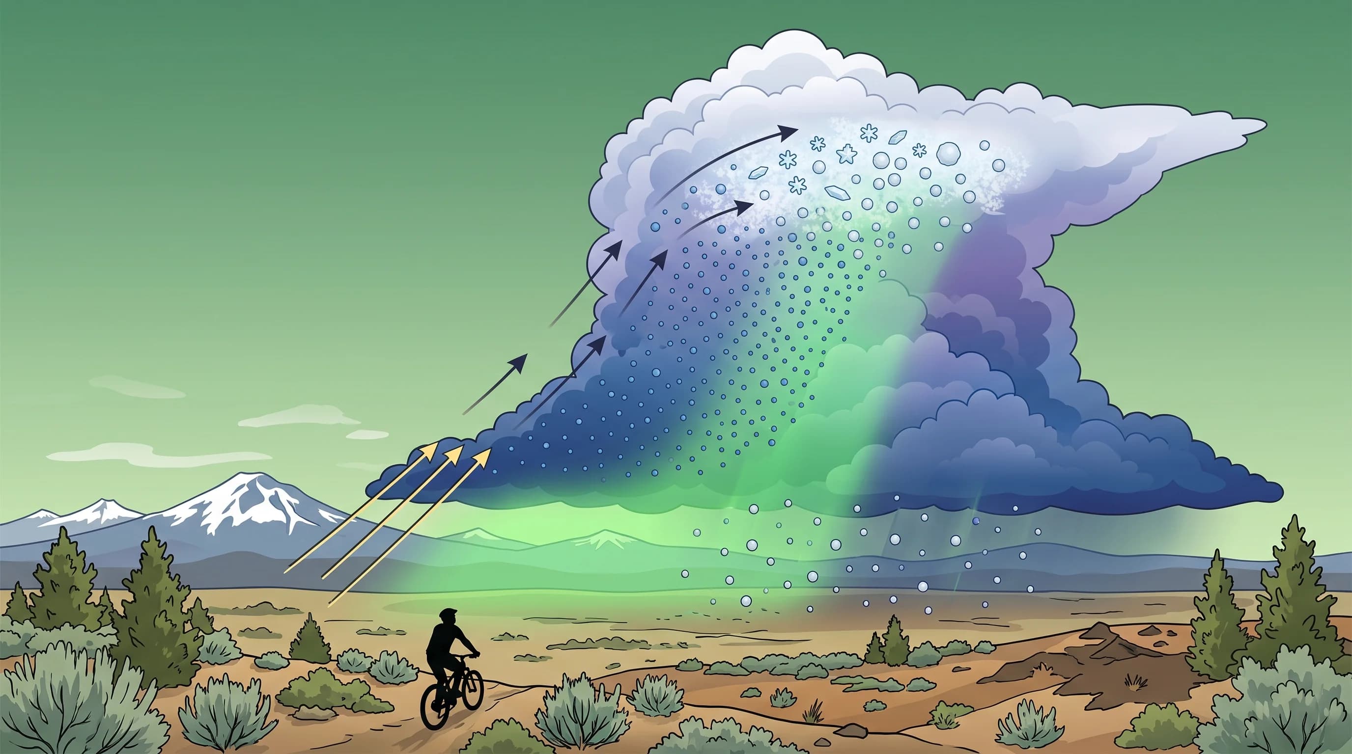 Diagram of a deep storm holding water and ice that filters low-angle sunlight into a green hue