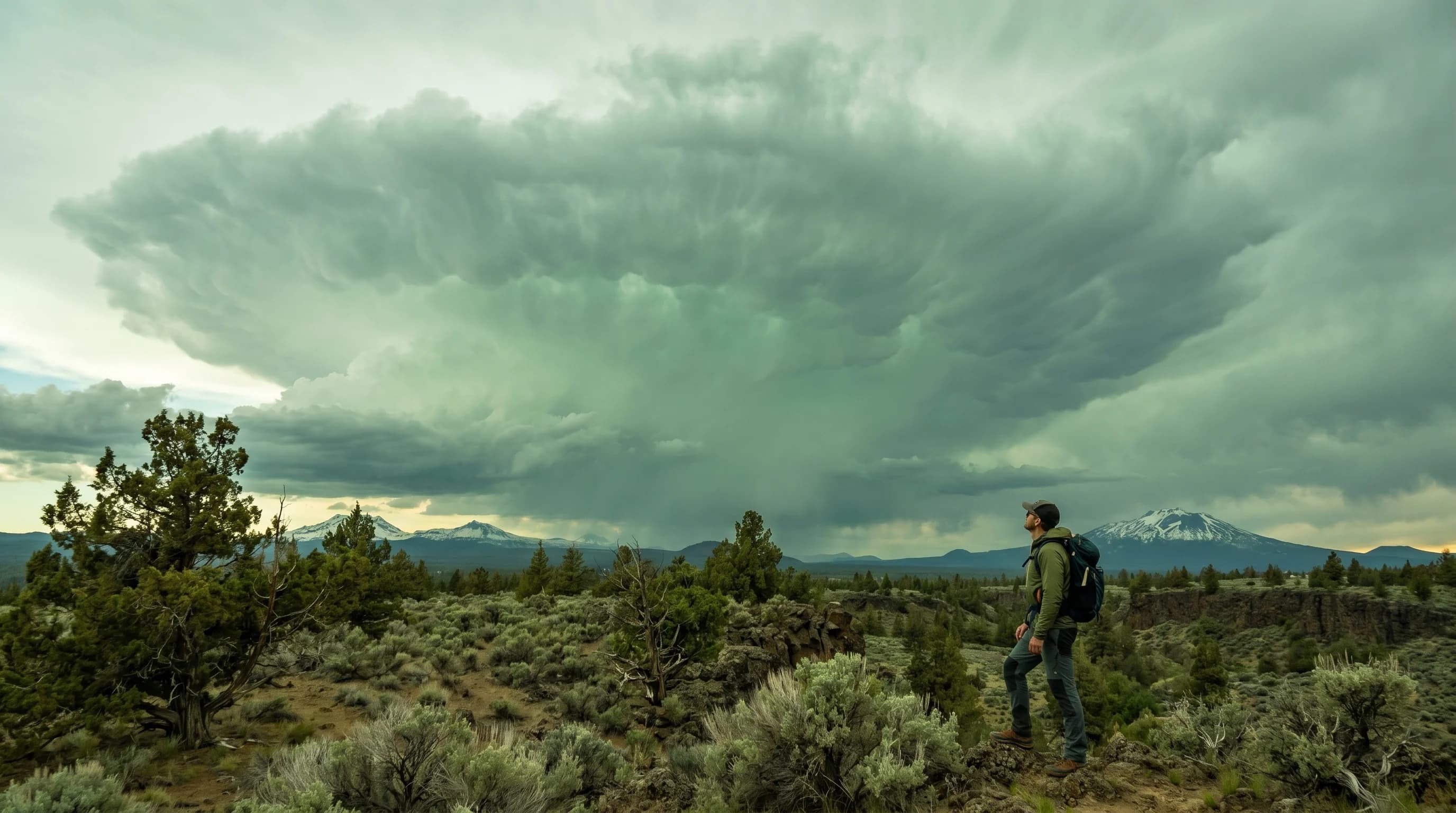 An ominous green-tinged sky beneath a towering severe thunderstorm over the high desert