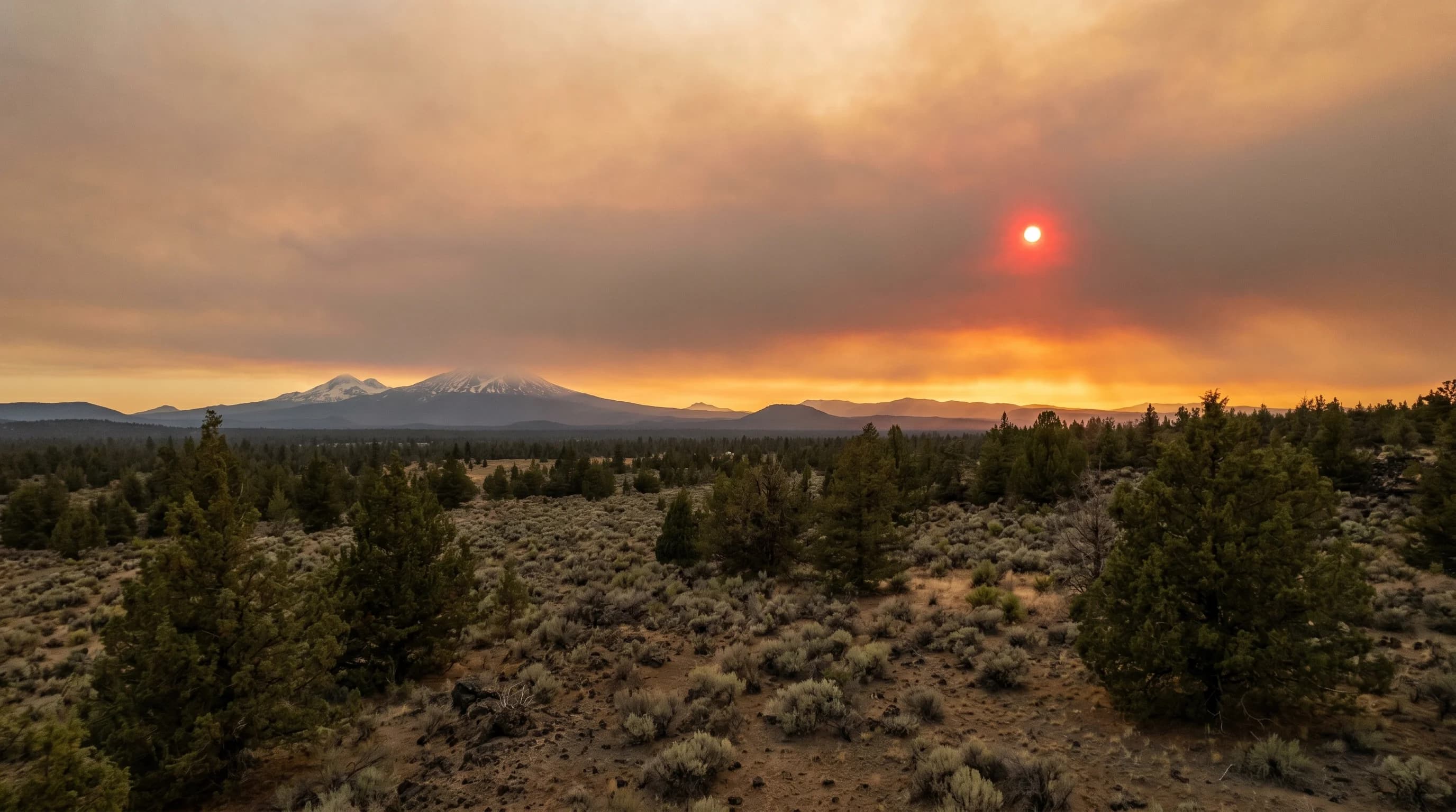 A deep red sun glowing through thick wildfire smoke over the Central Oregon high desert