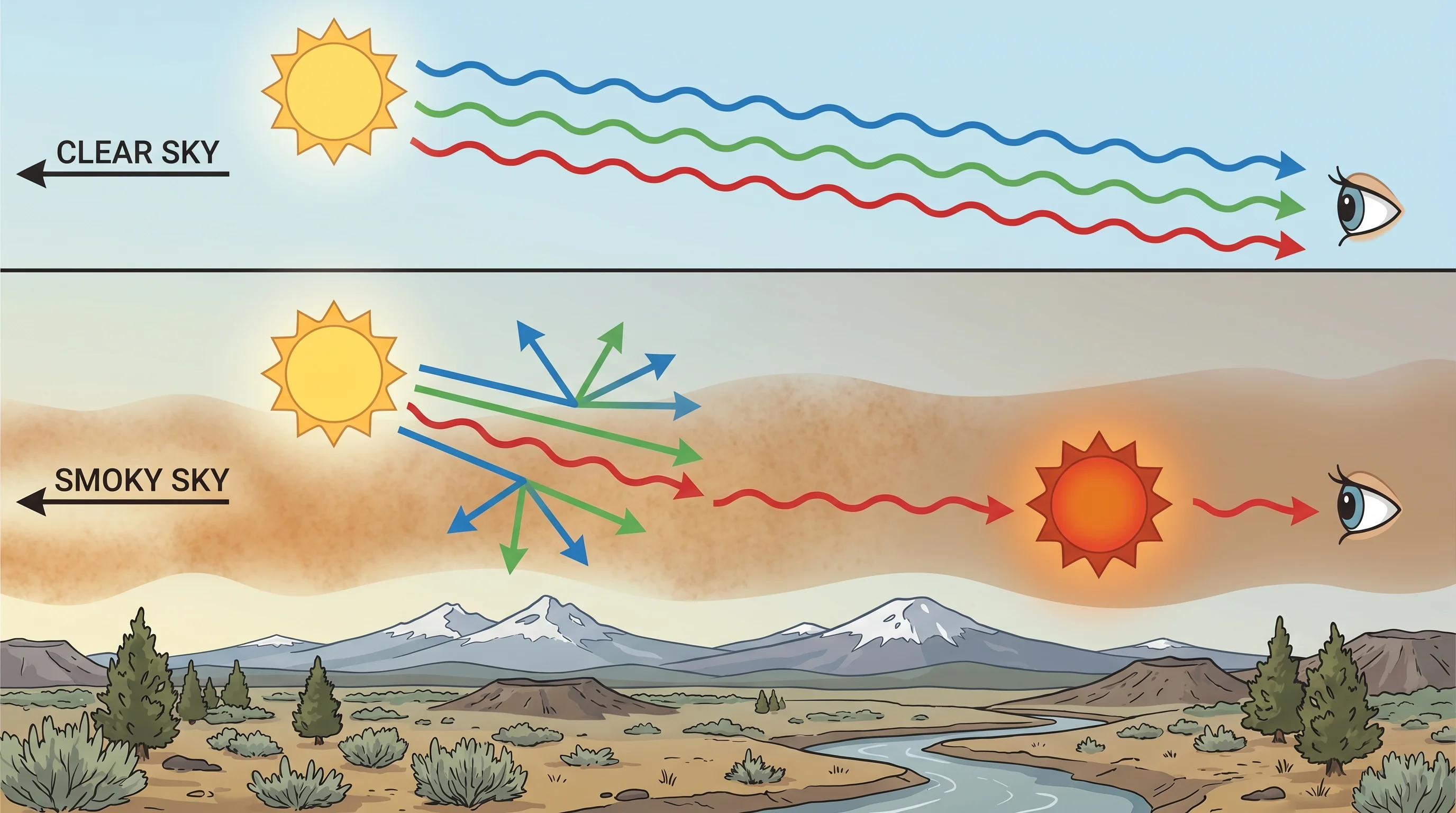 Comparison of a red daytime sun from smoke versus a normal red sunset