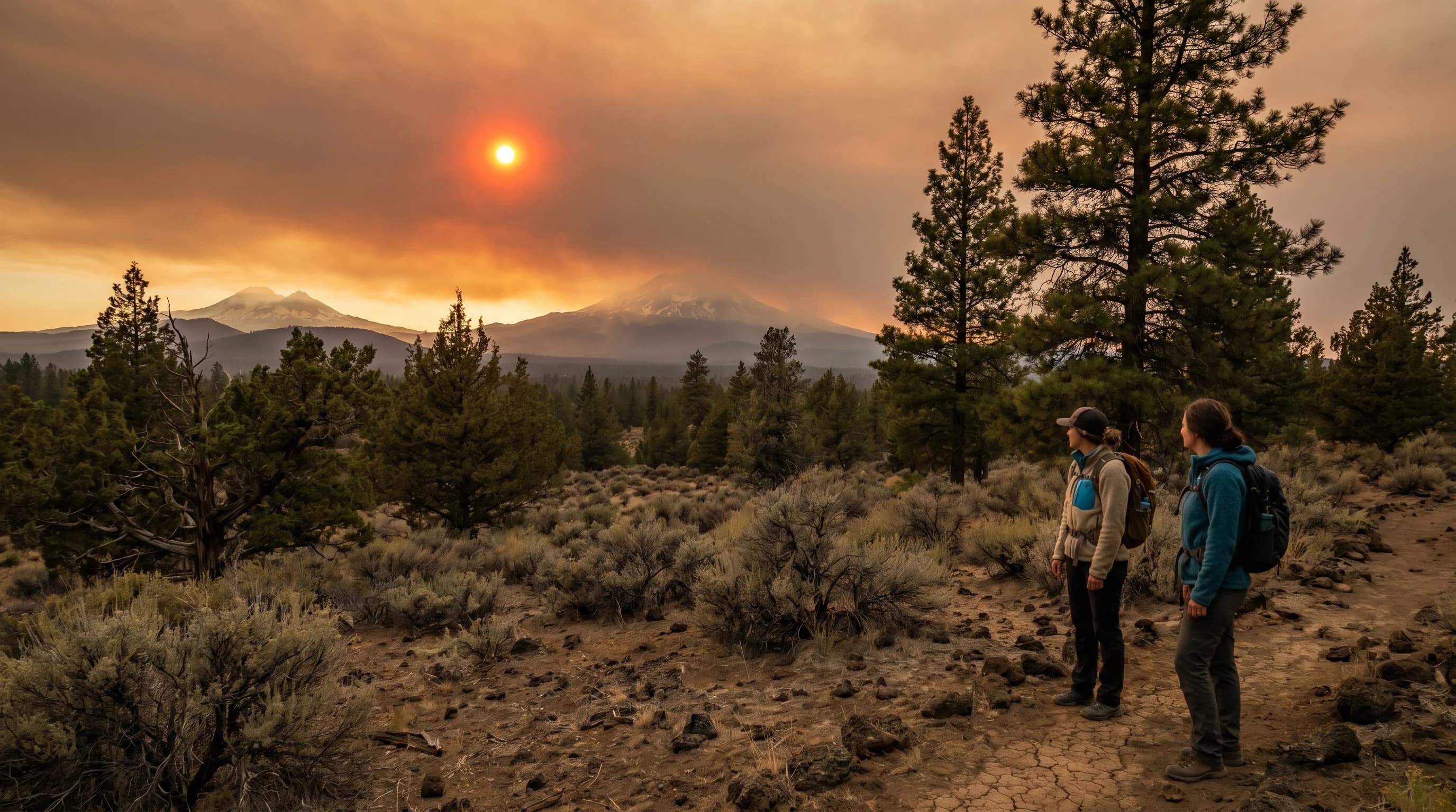 A deep red sun glowing through thick wildfire smoke over the Central Oregon high desert