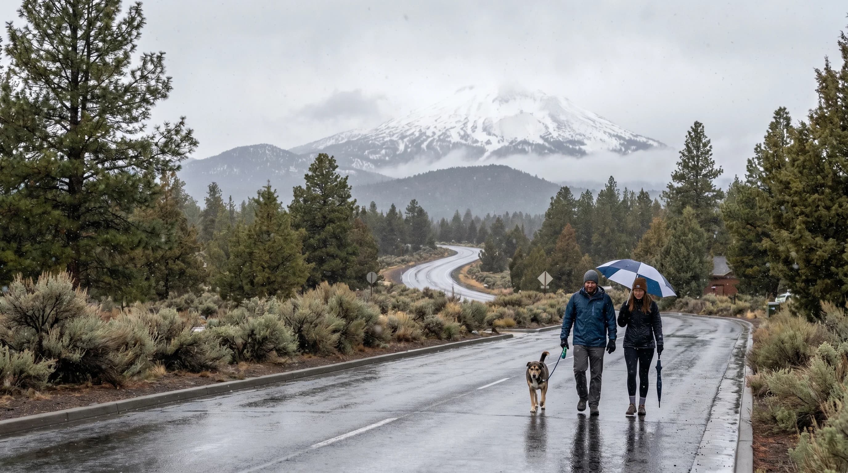 Rainy streets in Bend with snowy Mt. Bachelor in the background during the same storm