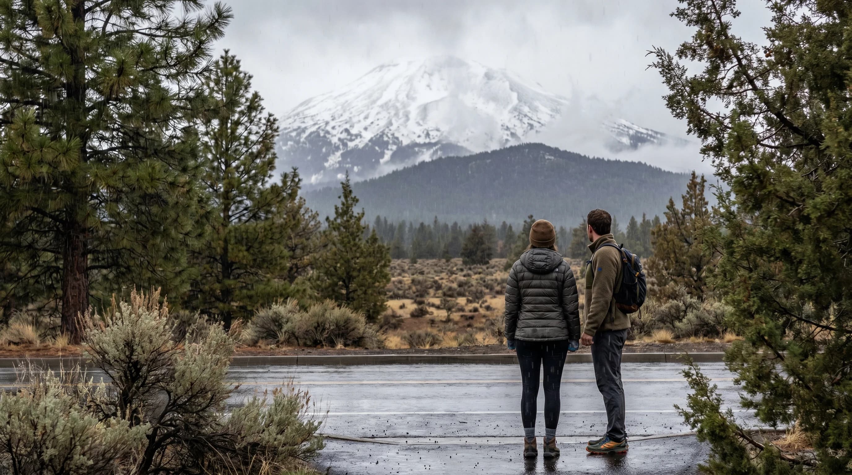 Rainy streets in Bend with snowy Mt. Bachelor in the background during the same storm